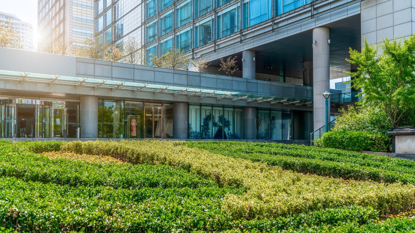Modern office landscape maintained through commercial gardening services.